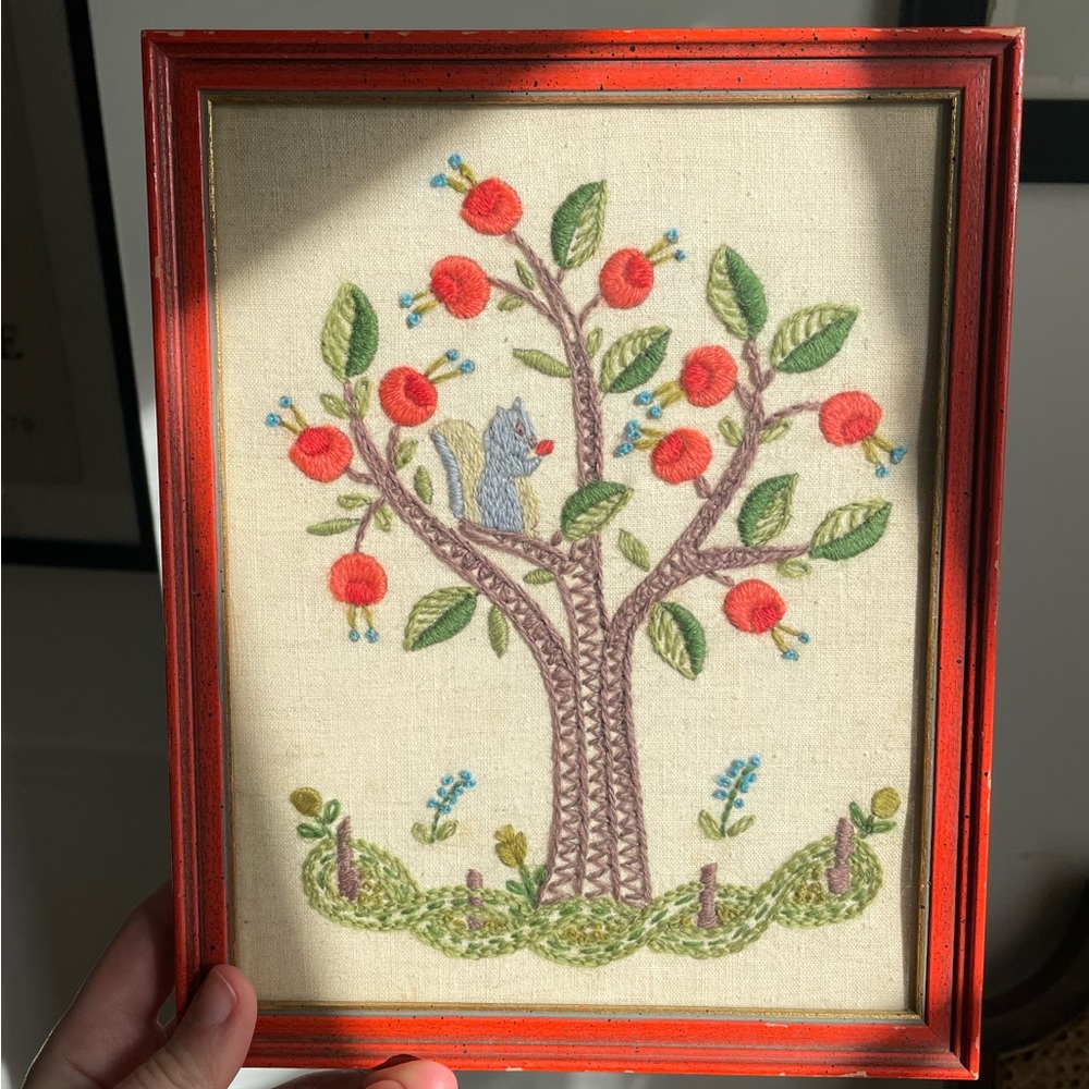 Vintage 70s Handmade Embroidered Framed Squirrel Garden Artwork